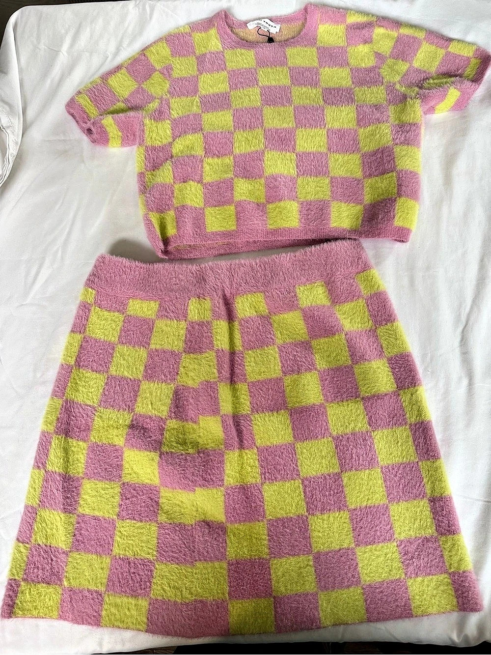 Native Youth Checkered Fluffy Knit Top and Skirt Set in Pink & Green